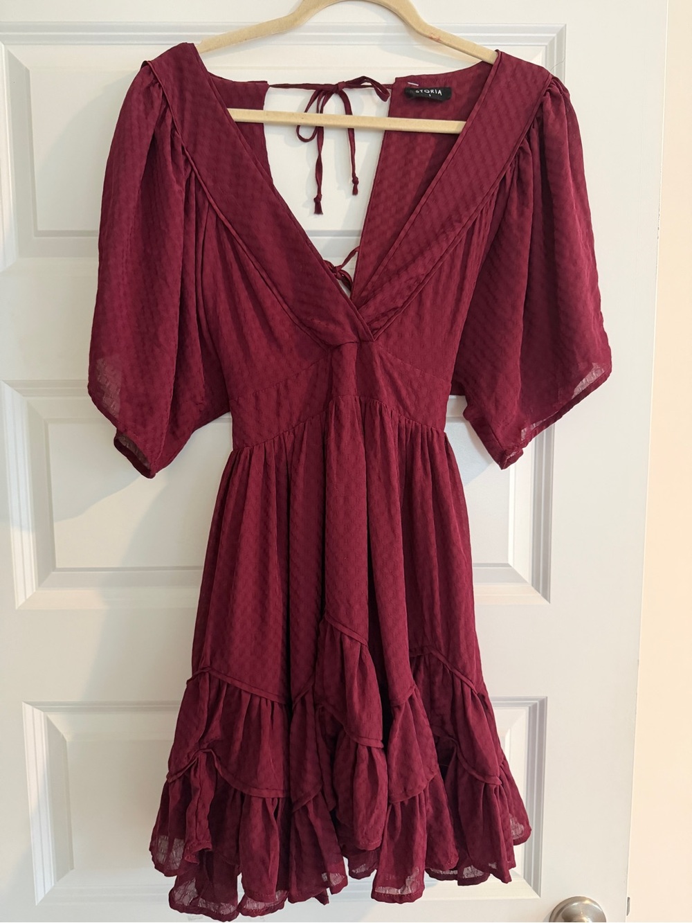 Storia Burgundy V-Neck Tie-Back Tiered Mini Dress